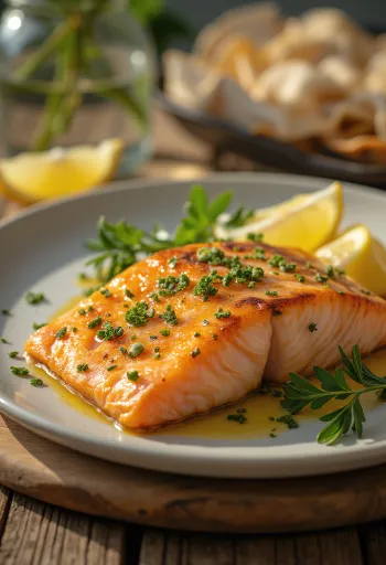 Filete de salmón al horno, con piel crujiente y decorado con rodajas de limón