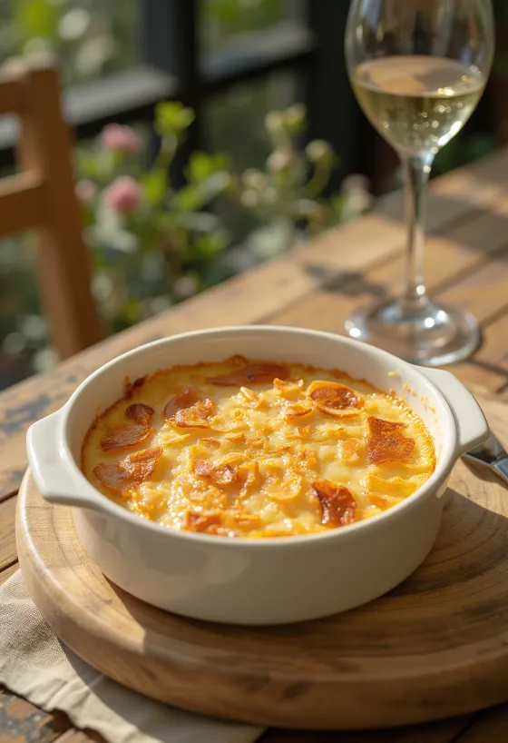 Clafoutis de coco recién horneado y dorado