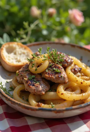 Hígado de pollo encebollado servido