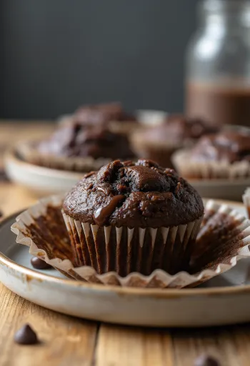 Muffins de chocolate dorados, servidos con trozos de chocolate