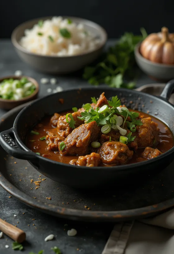 Curry de cabra con ajo, preparado con leche de coco, servido con cilantro fresco