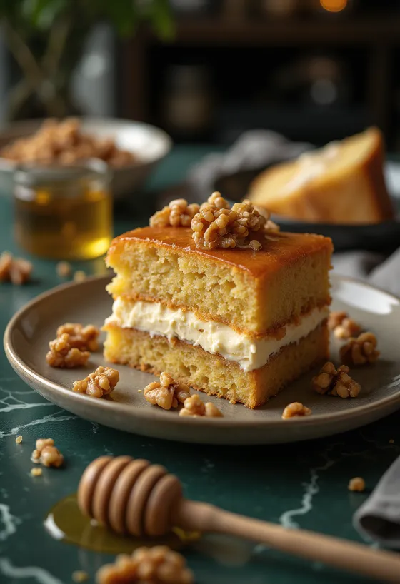 Tarta de miel y nueces decorada