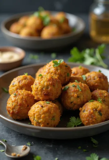 Falafel crujiente dorado por fuera, espolvoreado con hierbas frescas
