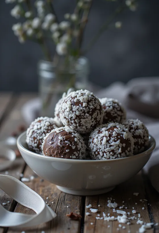 Bolas de chocolate 'nevadas' rebozadas en coco