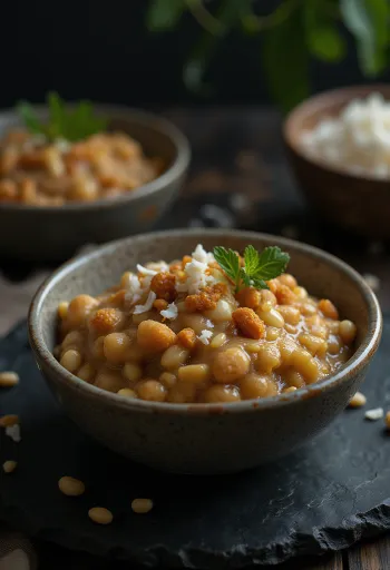 Moong Dal Payasam, postre indio con leche de coco y cardamomo, decoración fresca