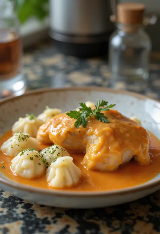 Pollo al pimentón con galuska de requesón, plato tradicional húngaro