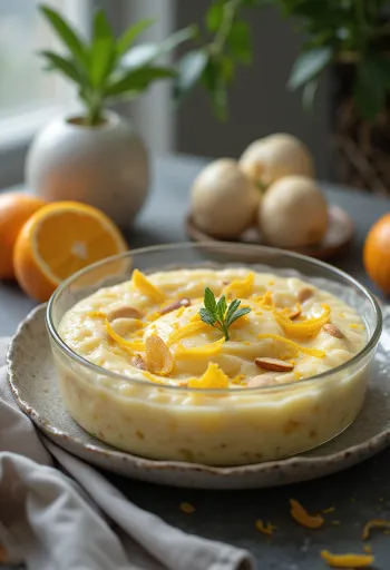 Rasmalai con naranja, decorado con almendras, postre fresco y rico.