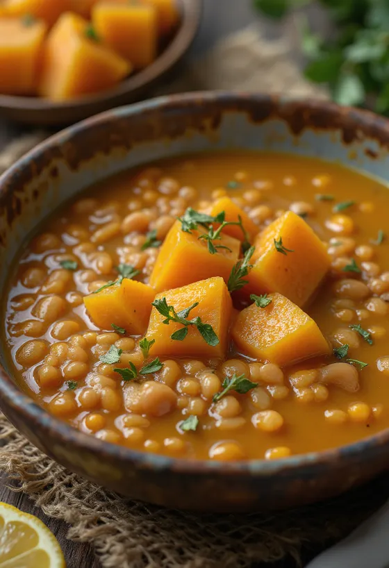 Sopa de lentejas con calabaza emplatada