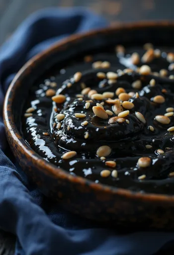 Salsa de ajo negro y sésamo en un bol, servida con sésamo tostado y jengibre fresco.