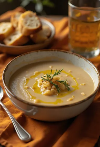 Sopa Açorda servida con aceite de oliva, ajo y perejil fresco