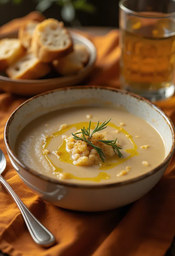 Sopa Açorda servida con aceite de oliva, ajo y perejil fresco