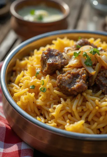 Biryani de cabrito, plato de arroz especiado estilo indio