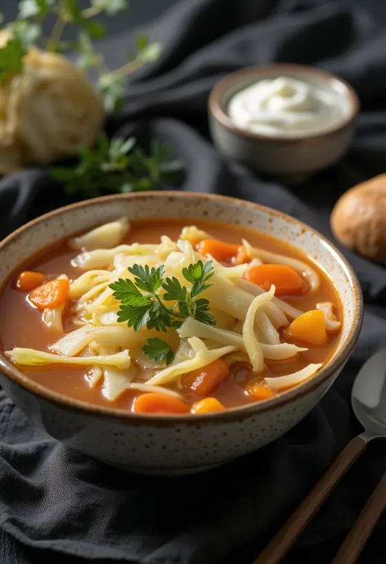 Sopa de col humeante rica en verduras y especias, decorada con eneldo fresco.
