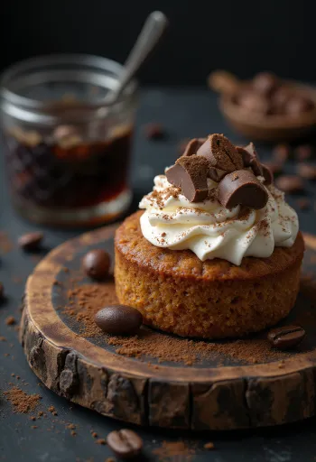 Tarta de castañas y café servida con cacao y virutas de chocolate
