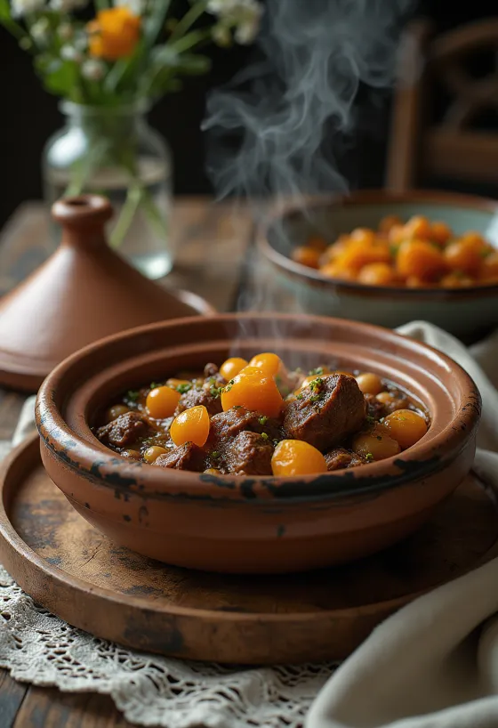 Tajine marroquí servido en recipiente de barro, decorado con ricas especias y verduras coloridas.