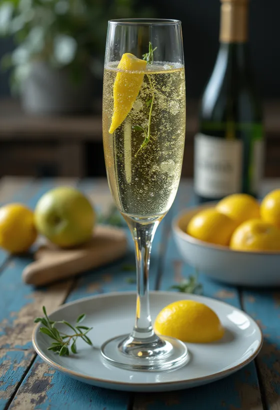 Sidra italiana con prosecco en vaso decorada con romero