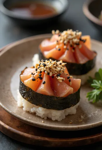 Omusubi de atún y mayonesa con alga nori y sésamo