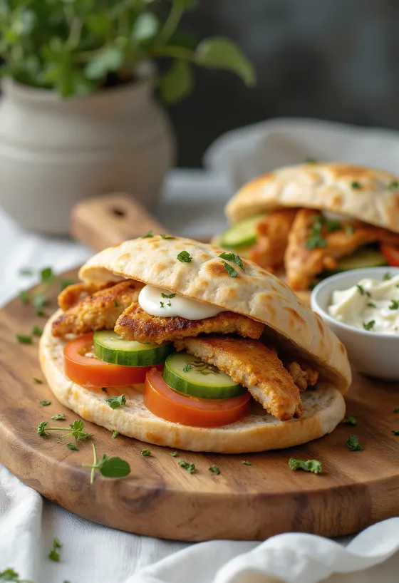 Sándwich de pita relleno con pollo a la parrilla y verduras frescas