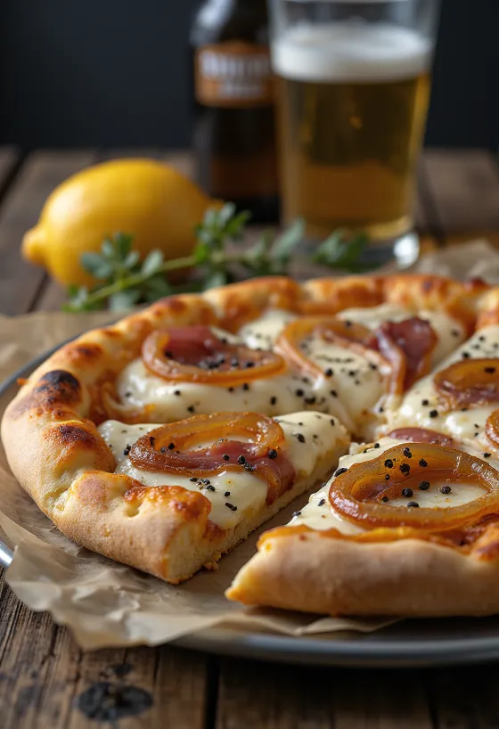 Pizza Alsaciana con nata, cebolla y beicon