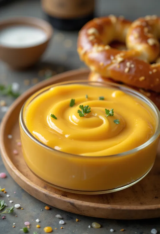 Salsa de queso cheddar a la cerveza en un bol, decorada con perejil fresco, junto a nachos.