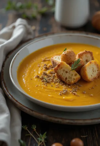 Sopa de calabaza con picatostes especiados emplatada