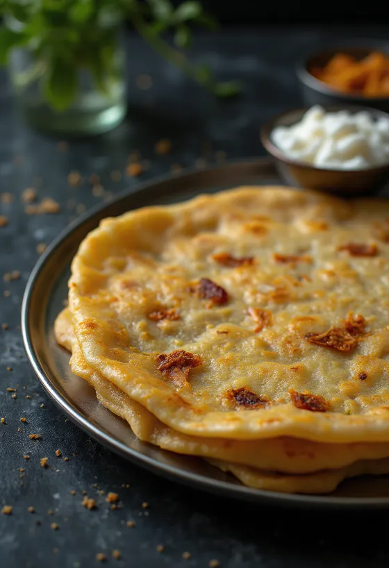 Adai dosa recién hecha, frita y crujiente, servida con acompañamiento especiado