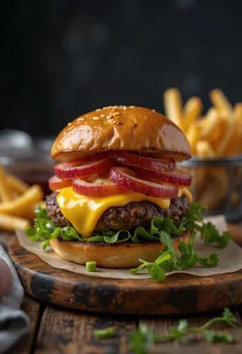 Hamburguesa de bisonte con queso fundido y verduras frescas