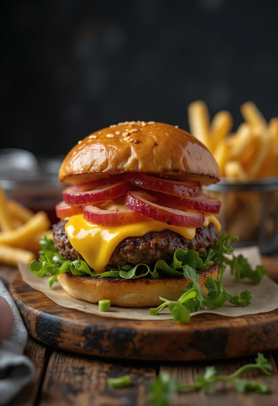 Hamburguesa de bisonte con queso fundido y verduras frescas