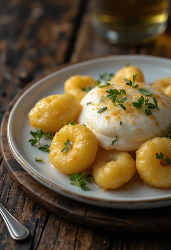 Gnocchi con sabayón de vino blanco servidos