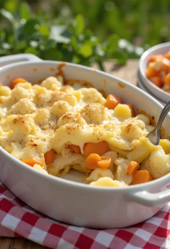 Gratinado de coliflor y verduras servido