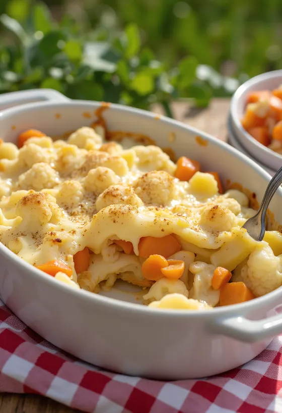 Gratinado de coliflor y verduras servido