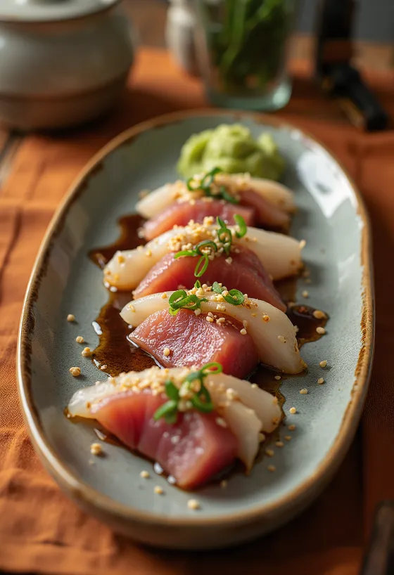 Katsuo tataki con wasabi, rodajas de atún decoradas con sésamo y cebolleta