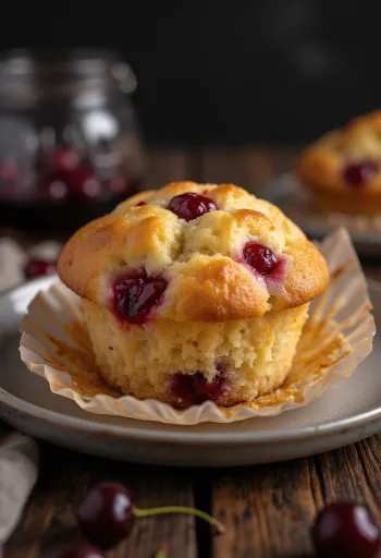 Muffins de cereza frescos horneados hasta dorarse, espolvoreados con azúcar glas