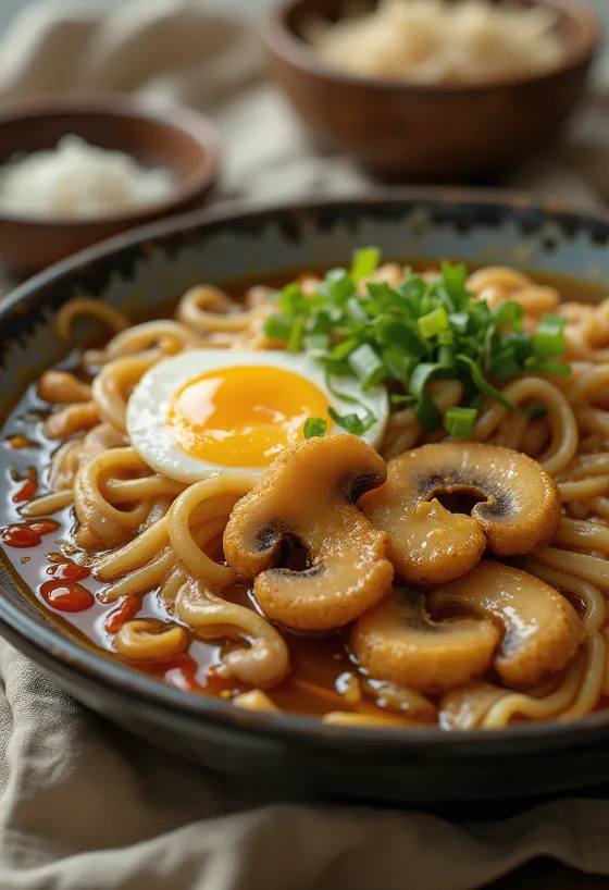 Bol de ramen con setas asadas, fideos y guarniciones