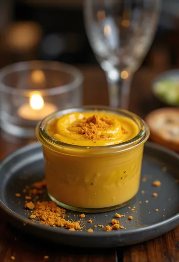 Salsa de mostaza a la cerveza y chile en un bol, decorada con chile fresco y granos de mostaza.