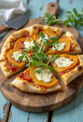 Pizza de calabaza con queso vegano emplatada