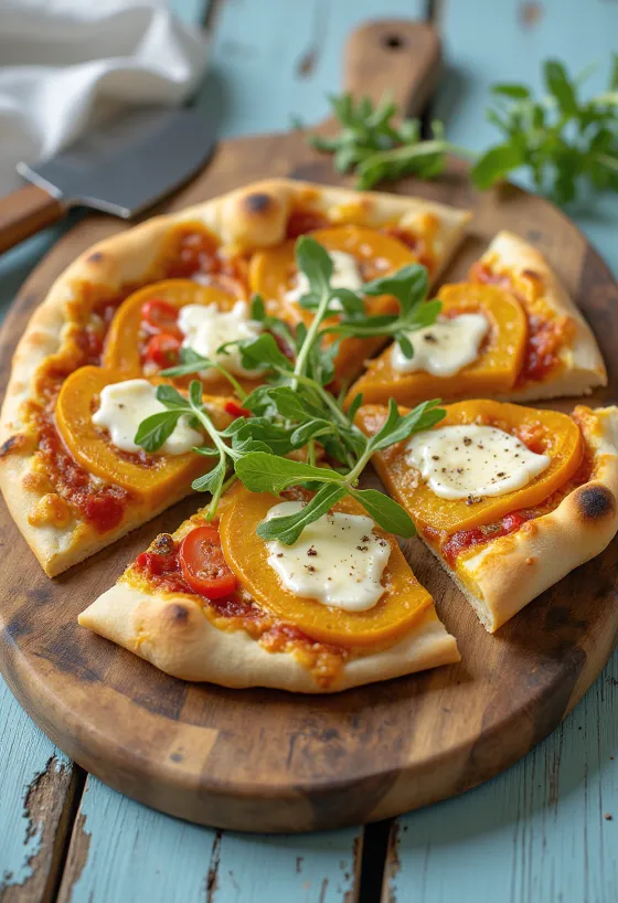 Pizza de calabaza con queso vegano emplatada