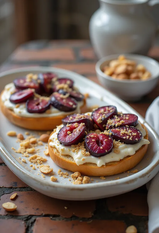 Bagel de ciruela y mazapán servido