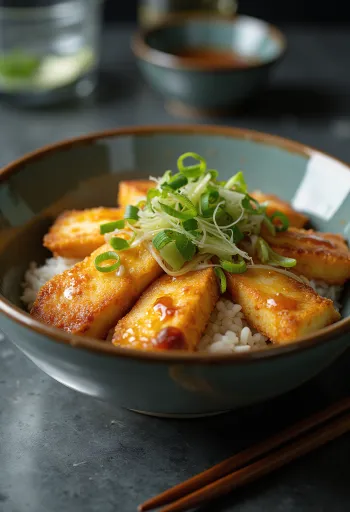 Katsudon de tofu relleno en salsa de soja, servido con cebolleta fresca