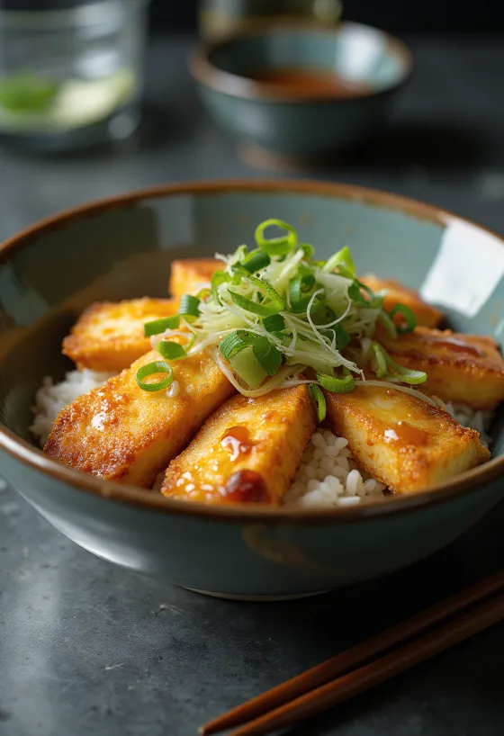 Katsudon de tofu relleno en salsa de soja, servido con cebolleta fresca