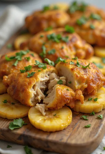 Acarajé relleno de pollo, con bolas de tapioca, plátano frito y cilantro