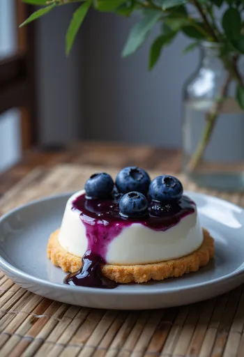 Tarta de panna cotta con arándanos y decoración frutal