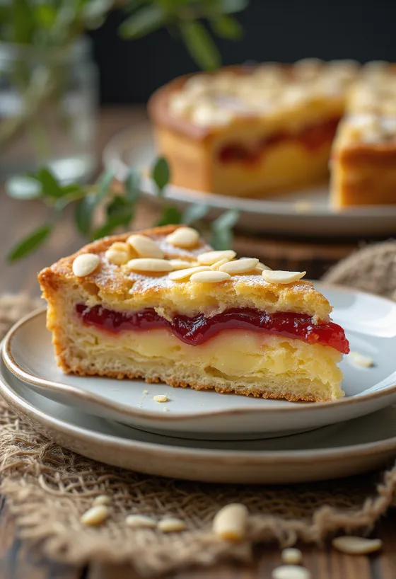 Bakewell tart de arándanos cortada en porciones, espolvoreada con almendras