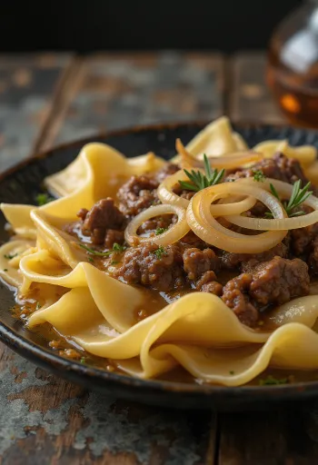 Beshbarmak con salsa de cebolla, plato rico de ternera con zanahoria y patata