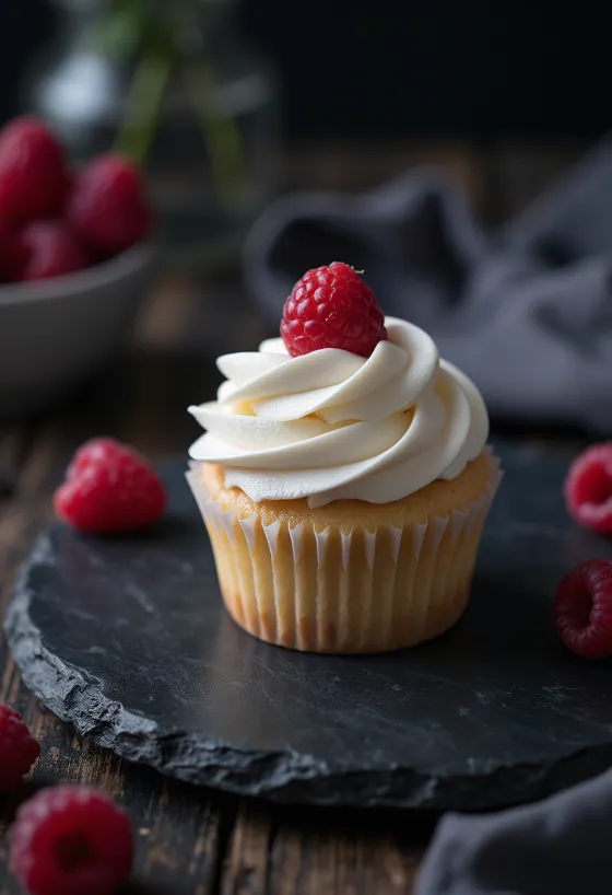 Cupcakes de chocolate blanco y frambuesa servidos