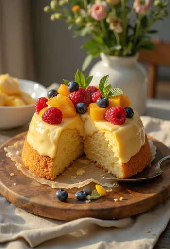 Tarta de frutas fresca con frutas coloridas y una capa de gelatina brillante