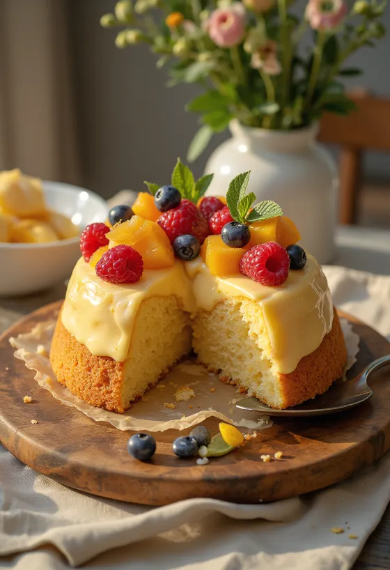 Tarta de frutas fresca con frutas coloridas y una capa de gelatina brillante