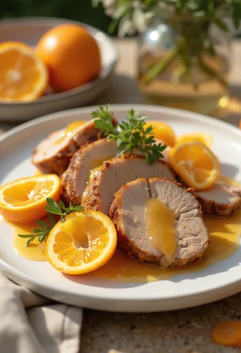 Magret de pato a la naranja servido en plato