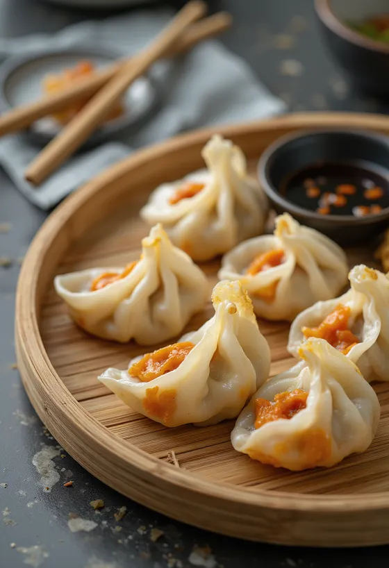 Kimchi mandu servido dorado, empanadillas rellenas crujientes por fuera y picantes por dentro