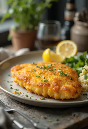 Escalope a la parisina frito y dorado, servido con rebozado crujiente